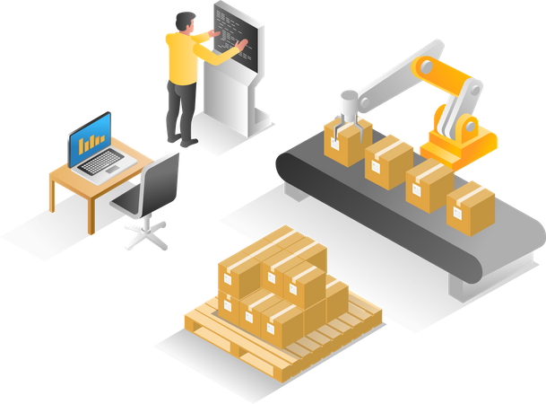 Operator controlling cardboard packaging machine  일러스트레이션