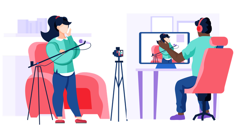 オペレーターはマイクで若い女性とのインタビューを録音している  イラスト