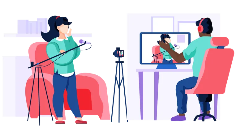 オペレーターはマイクで若い女性とのインタビューを録音している  イラスト