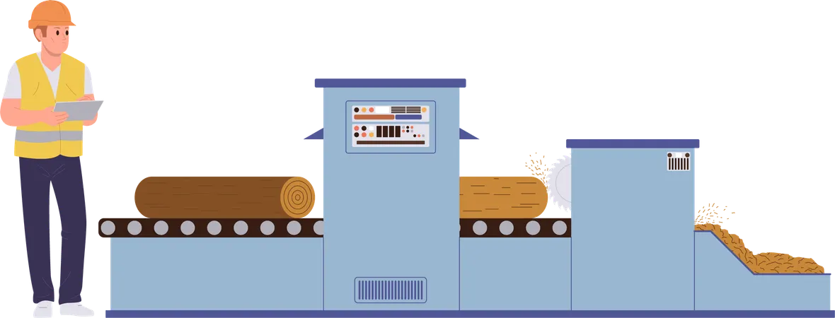 Operator male character working at automatic industrial conveyor belt on paper factory  Illustration