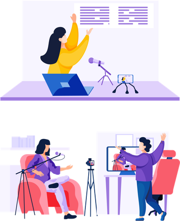 Operator recording interview with young woman talking to camera  Illustration