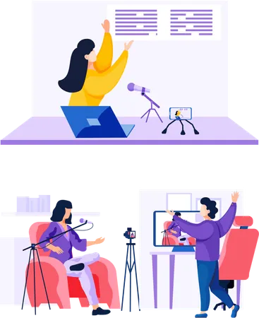 Operator recording interview with young woman talking to camera  Illustration