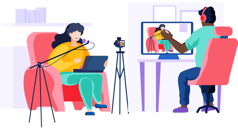 Operator recording interview with young woman with microphone  Illustration