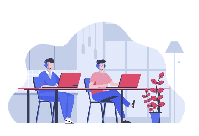 Call Center Concept With Cartoon People In Flat Design For Web Operator Team Works At Laptops Supporting And Answering Clients Vector Illustration For Social Media Banner Marketing Material Illustration