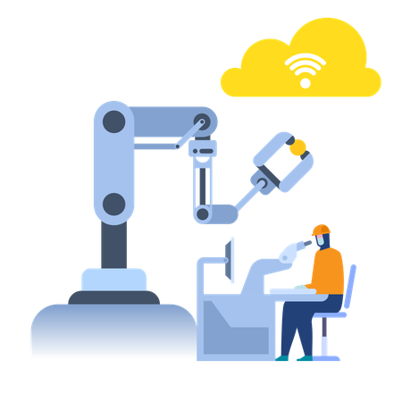 Operator works with robotic arm assembles products  Illustration