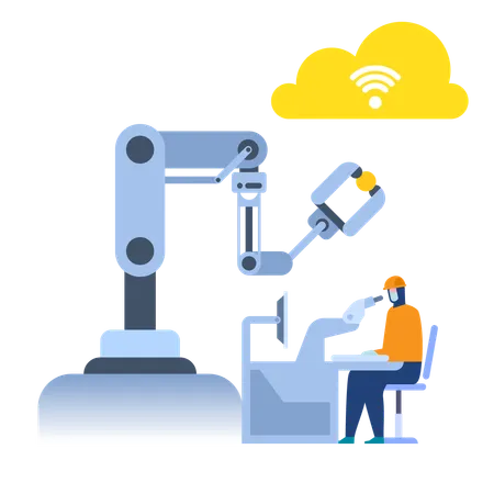 Operator works with robotic arm assembles products  Illustration