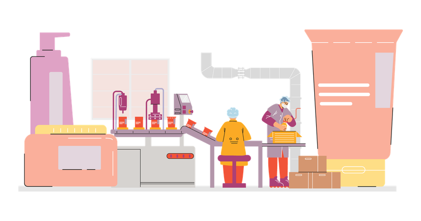 Operators and finished cosmetics on production line  Illustration