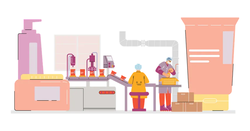 Operators and finished cosmetics on production line  Illustration