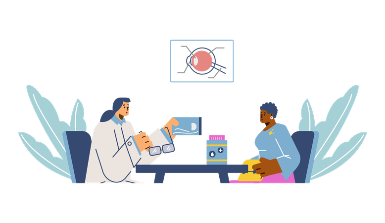 Un ophtalmologiste donne un rapport ophtalmologique à une femme  Illustration