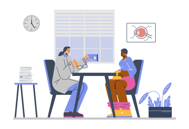 Ophtalmologue donnant une ordonnance pour des lunettes à un patient  Illustration