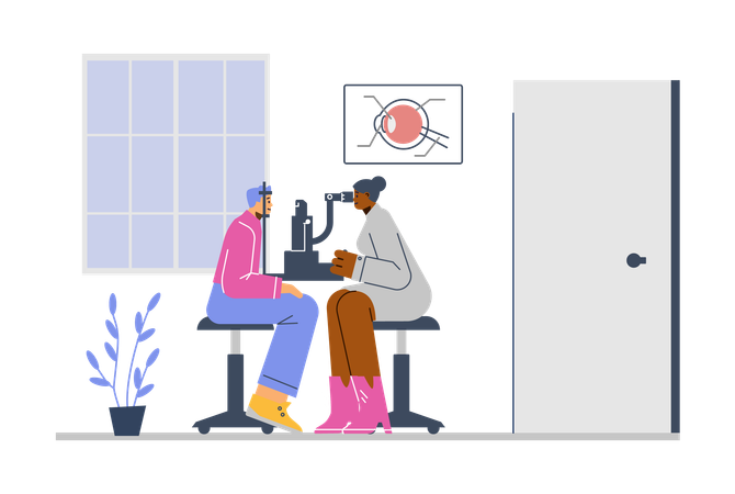 Ophthalmologist checking eyes of patient using eye microscope test machine in medical clinic  Illustration