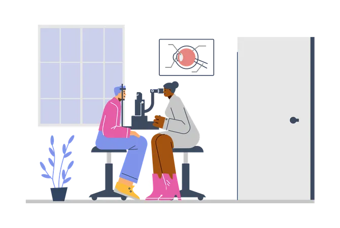 Ophthalmologist checking eyes of patient using eye microscope test machine in medical clinic  Illustration