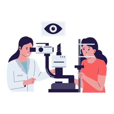 Ophthalmologist checking eyesight of his patient using eye test machine  Illustration