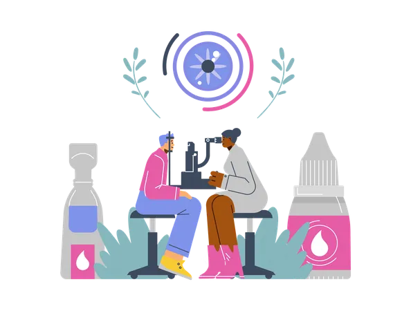 Ophthalmologist checking eyesight of patient using eye microscope screening machine  Illustration