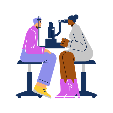 Ophthalmologist checking eyesight of patient using eye microscope test machine  Illustration