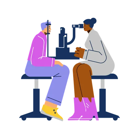 Ophthalmologist checking eyesight of patient using eye microscope test machine  Illustration
