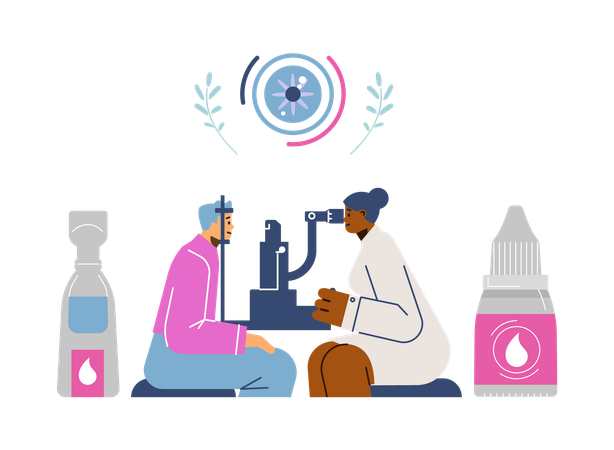 Ophthalmologist checking eyesight of patient using eye microscope test machine  Illustration