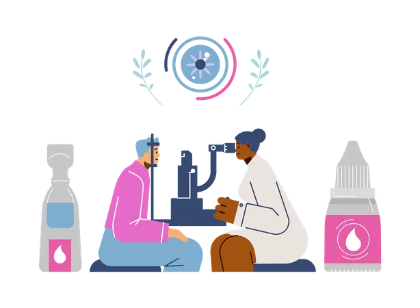 Ophthalmologist checking eyesight of patient using eye microscope test machine  Illustration