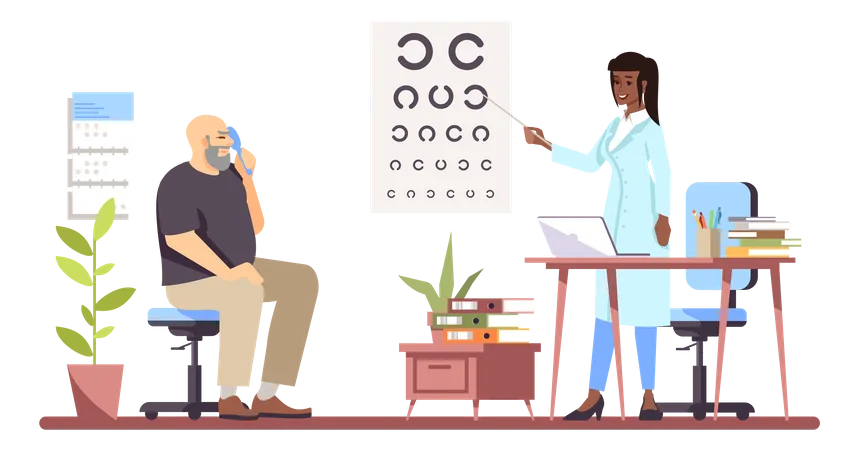 Ophthalmologist Checking Sight Of An Old Aged Man Illustration