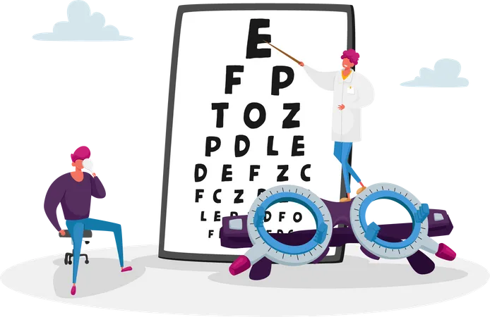 Ophthalmologist Doctor Check Up Patient Eyesight for Eyeglasses Diopter Illustration