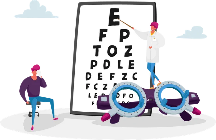 Ophthalmologist Doctor Check Up Patient Eyesight for Eyeglasses Diopter  Illustration