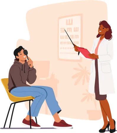 Ophthalmologist Doctor Check Up Patient Eyesight For Vision Correction Oculist Character Conduct Eyecheck Professional Optician Exam Treatment Health Care Cartoon People Vector Illustration Illustration
