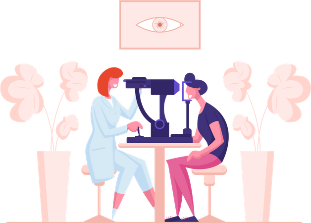 Ophthalmologist Doctor Test Eye on Special Device Illustration