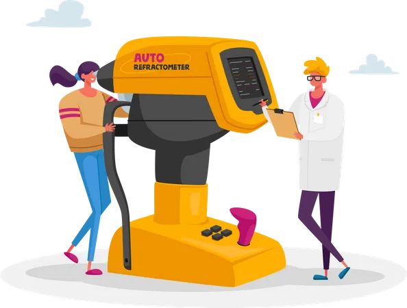 Ophthalmologist Doctor Test Patient Eye on Auto Refractometer  Illustration