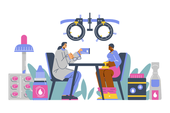 Ophthalmologist prescribe glasses for vision correction to woman  Illustration