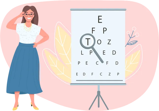 Optician Female Patient Flat Color Vector Detailed Character Visit Opthamologist Medical Exam Check Eyesight With Chart Isolated Cartoon Illustration For Web Graphic Design And Animation Illustration