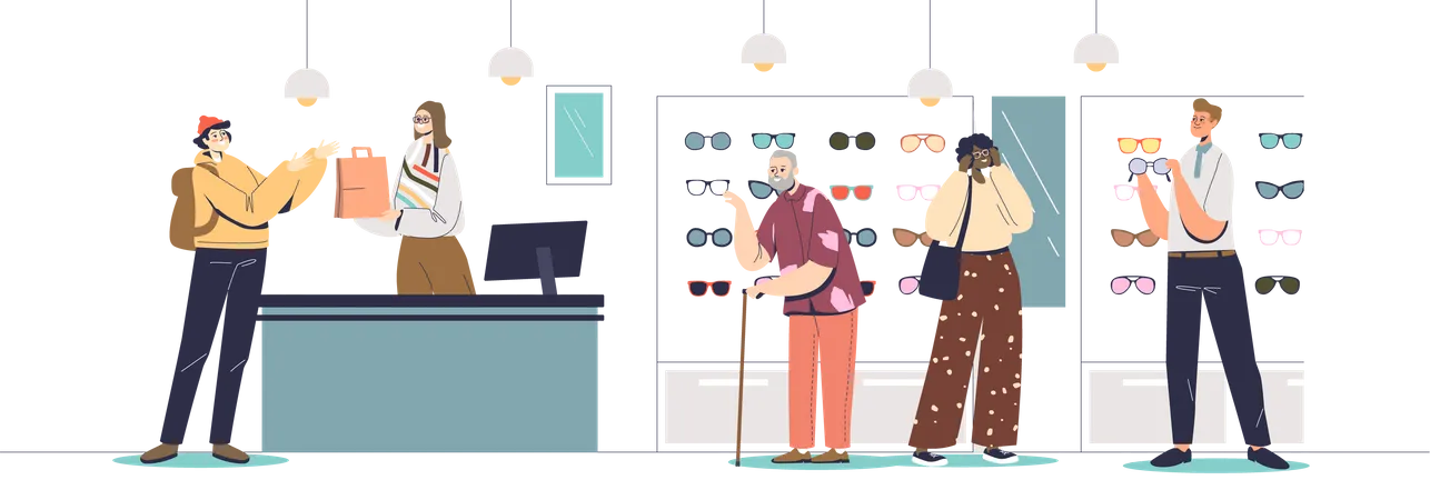 Optics store interior with people choosing and buying eyeglasses  Illustration