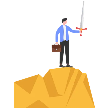 Optimistic businessman holding a sword and shield standing on top of a mountain  Illustration