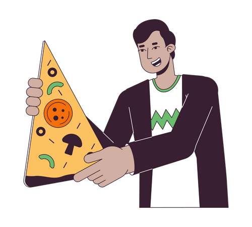 Optimistic indian man with big pizza slice  Illustration