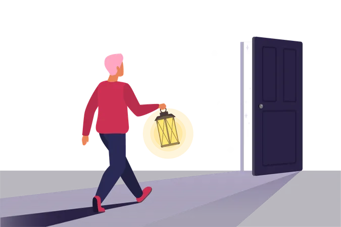 Optimistic man walking with lantern to open door  Illustration