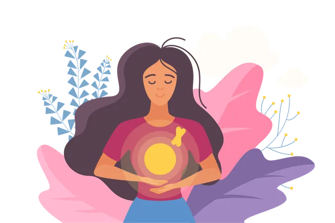 Mental Health Optimism And Healthy Wellbeing Vector Illustration Cartoon Happy Young Optimistic Woman Holding Bright Sun In Chest In Inner Space Of Open Soul Love And Self Development Of Girl Illustration