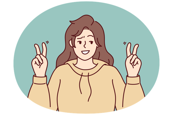 Optimistic woman raises hands in quotation marks when voicing sarcasm in conversation  Illustration