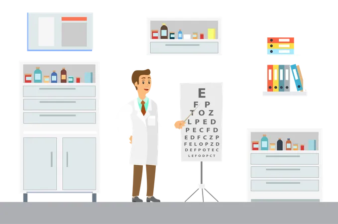 Optometrist Points To The Table For Testing Visual Acuity A Doctor In A White Coat Is Conducting A Study Of The State Of Vision A Man Stands With A Pointer In His Hands Snellen Chart Near The Man Illustration