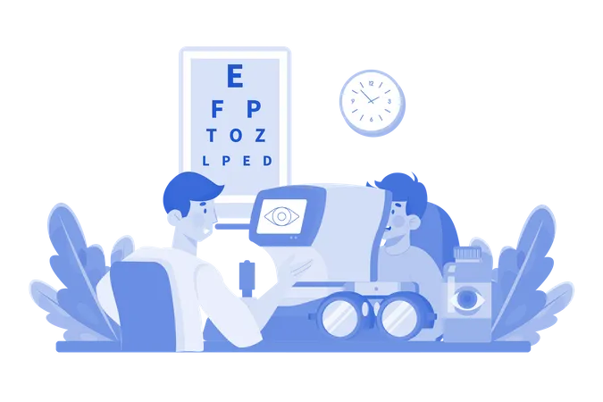 O optometrista masculino realiza exames oftalmológicos e prescreve lentes corretivas  Ilustração