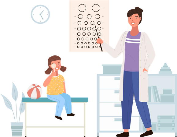 O optometrista verifica a visão da criança  Ilustração