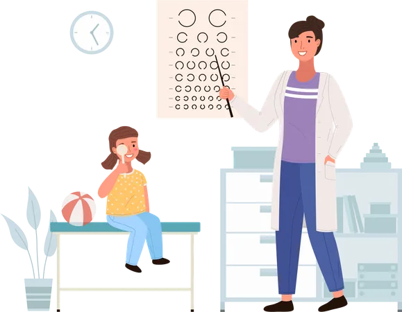 O optometrista verifica a visão da criança  Ilustração