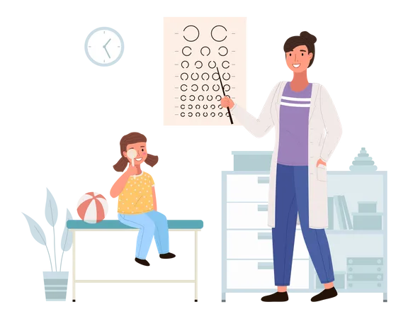 O optometrista verifica a visão da criança  Ilustração