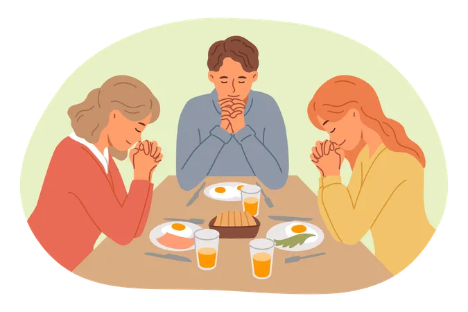 Oración a la hora del almuerzo de una familia católica agradeciendo a Dios por la presencia de comida en la mesa  Ilustración