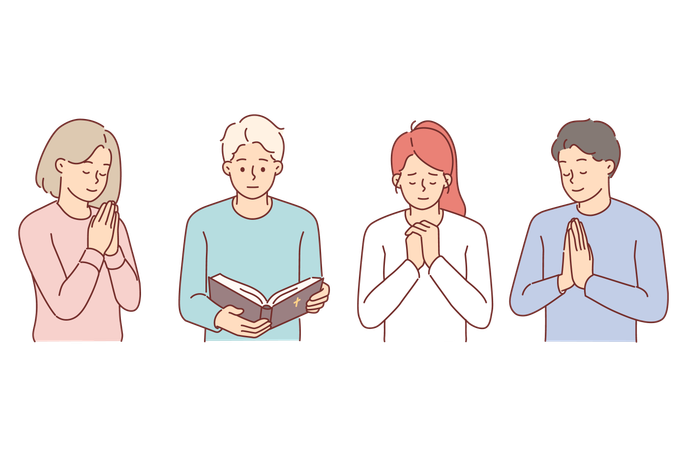 Adolescentes orando da escola cristã dominical fazem gestos de oração ou leem a Bíblia  Ilustração
