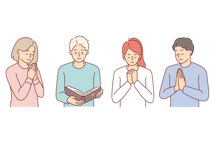 Adolescentes orando da escola cristã dominical fazem gestos de oração ou leem a Bíblia  Ilustração