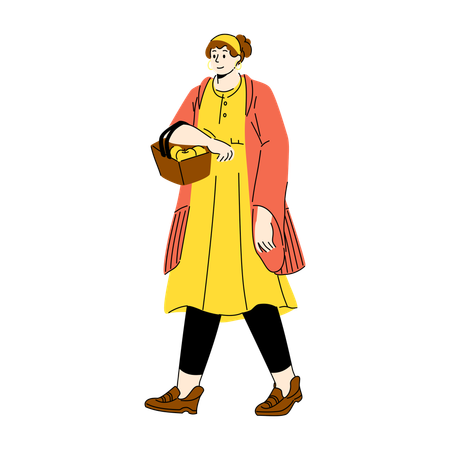 Orange Yellow Casual Shopping girl Carrying Basket  Illustration