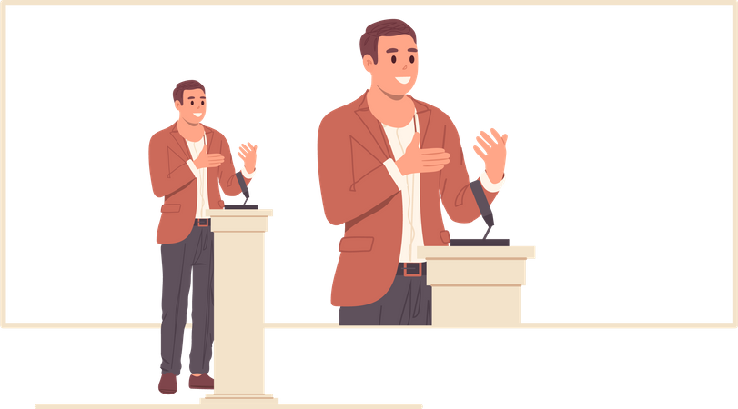 Orateur public d'homme d'affaires donnant une conférence de presse avec un discours à la tribune du podium  Illustration