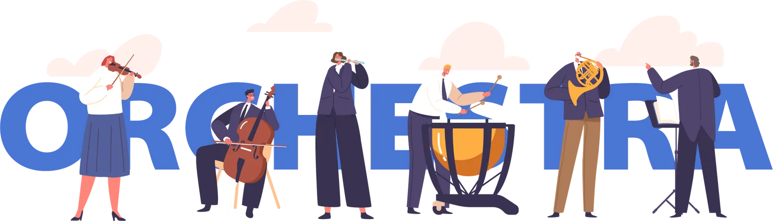 Orchestra Concept Talented Musicians Perform Classical Masterpieces On Stage With Conductor Artists Skillfully Playing Classical Music Poster Banner Or Flyer Cartoon People Vector Illustration Illustration