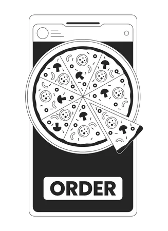Order Pizza By Smartphone Bw Concept Vector Spot Illustration Using Gadget For Buying Food 2 D Cartoon Flat Line Monochromatic Object For Web UI Design Editable Isolated Outline Hero Image Illustration