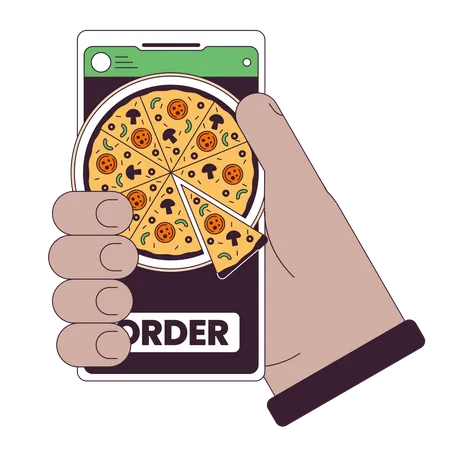 Ordering Pizza By Smartphone Flat Line Concept Vector Spot Illustration Hand Holding Phone Food Ordering App 2 D Cartoon Outline Hand On White For Web UI Design Editable Isolated Color Hero Image Illustration