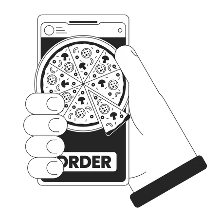 Ordering Pizza By Smartphone Bw Concept Vector Spot Illustration Hand Holding Phone Food Ordering App 2 D Cartoon Flat Line Monochromatic Hand For Web UI Design Editable Isolated Outline Hero Image Illustration